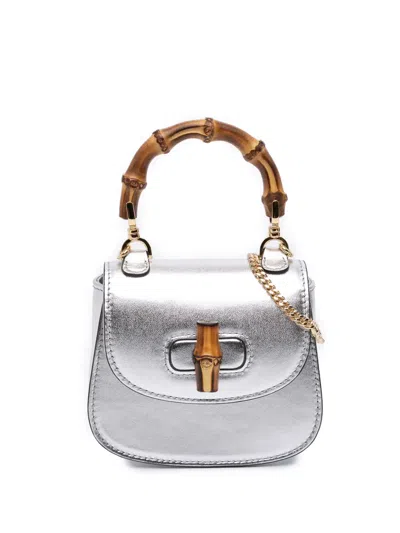 Pre-owned Gucci 2016-2025 Nano Metallic Calfskin 1947 Bamboo Top Handle Bag Satchel In Silver