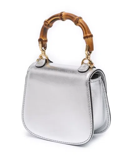Pre-owned Gucci 2016-2025 Nano Metallic Calfskin 1947 Bamboo Top Handle Bag Satchel In Silver