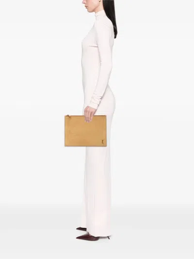 Pre-owned Saint Laurent 2020 Croc Embossed Leather Tiny Monogram Zipped Tablet Holder Clutch Bag In Brown