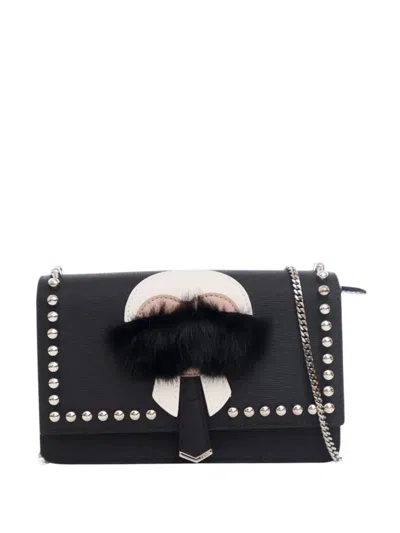 Pre-owned Fendi 2010-2025 Studded Leather Karlito Wallet On Chain Crossbody Bag In Black