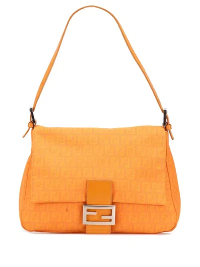 Pre-owned Fendi 2000-2010 Zucchino Canvas Mamma Forever Shoulder Bag In Orange