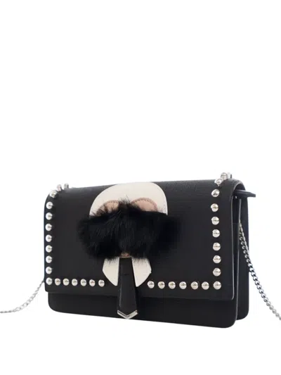 Pre-owned Fendi 2010-2025 Studded Leather Karlito Wallet On Chain Crossbody Bag In Black