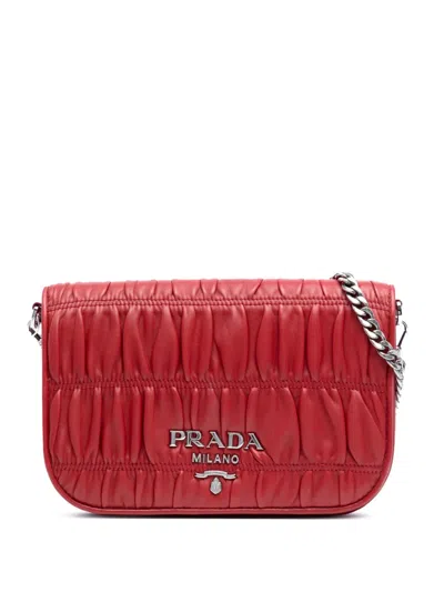 Pre-owned Prada 2000-2025 Nappa Gaufre Chain Flap Bag Crossbody Bag In Red