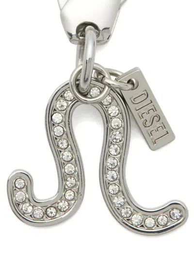 Diesel Rhinestone Charm Keyring In Silver