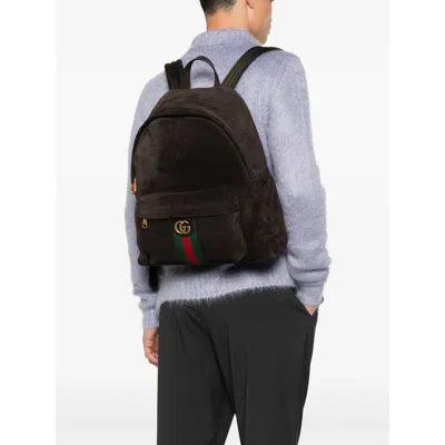 Gucci Men Dark Brown Suede Medium Ophidia Backpack In Brown