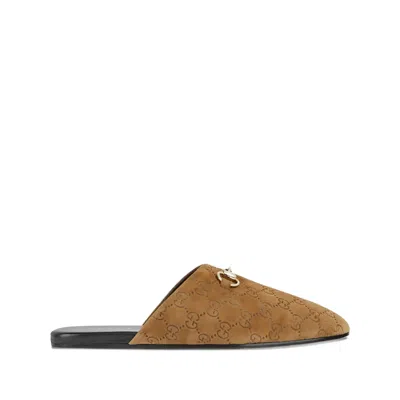 Gucci Sabot Suede Horsebit Flat Shoes Brown In Brown