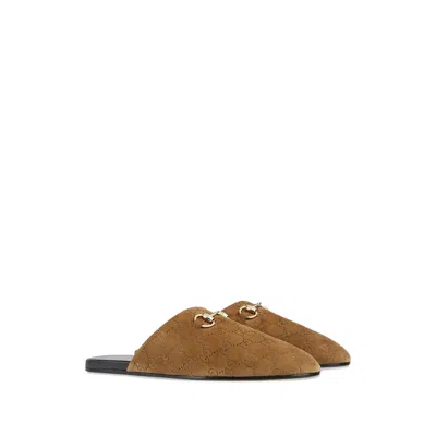 Gucci Sabot Suede Horsebit Flat Shoes Brown In Brown
