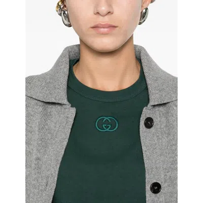 Gucci Women Cotton T-shirt With Gg Incrocio Logo Detail In Green