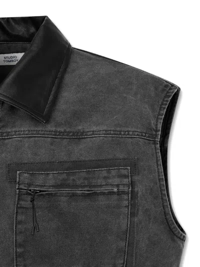 Studio Tomboy Collared Sleeveless Denim Jacket In Gray