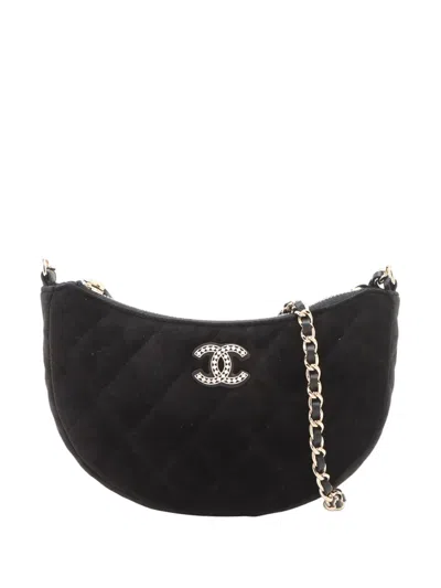 Pre-owned Chanel 2021-2025 Cc Quilted Velour Half Moon Chain Crossbody Bag In Black