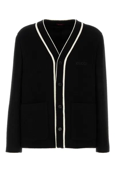 Gucci Wool Blend Cardigan With Contrast Trim And Front Pockets In Black