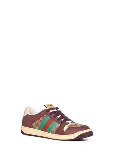 Gucci Leather And Gg Sneakers With Side Stripes In Brown