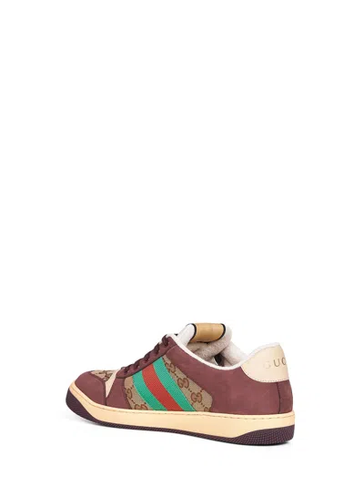 Gucci Leather And Gg Sneakers With Side Stripes In Brown