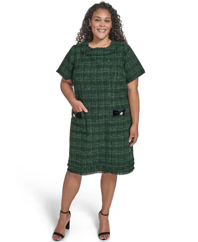 Eliza J Plus Size Short Sleeve Lurex Boucle Shift Dress In Green