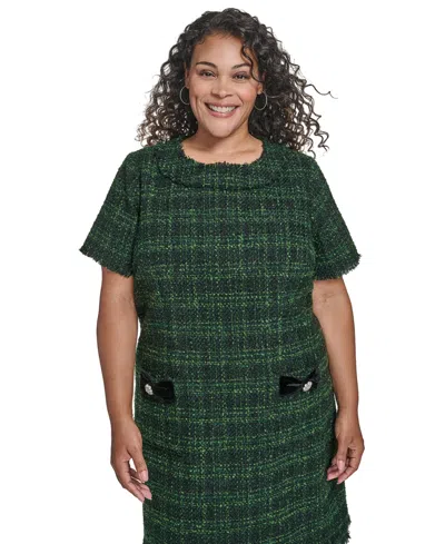 Eliza J Plus Size Short Sleeve Lurex Boucle Shift Dress In Green