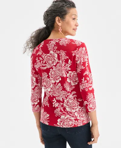 Style & Co Petite Holiday Floral 3/4-sleeve Henley Tee, Macy's Exclusive In Red