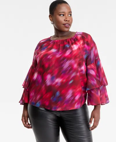 Inc International Concepts Plus Size Printed Ruffle-sleeve Top, Macy's Exclusive In Multi