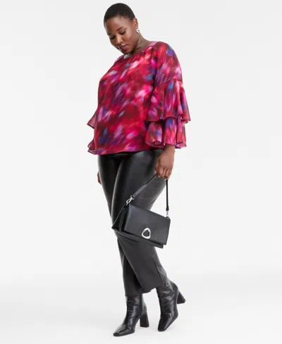 Inc International Concepts Plus Size Printed Ruffle-sleeve Top, Macy's Exclusive In Multi