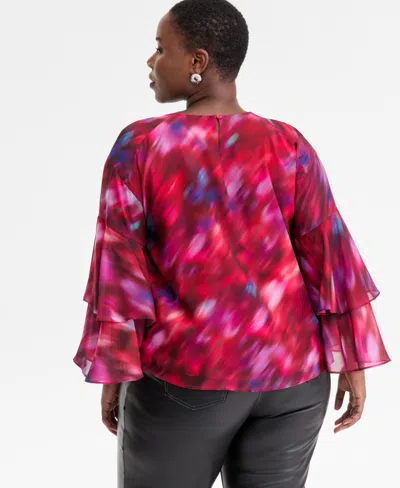 Inc International Concepts Plus Size Printed Ruffle-sleeve Top, Macy's Exclusive In Multi