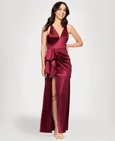 Blondie Nites Juniors' Draped Satin Column Gown In Burgundy