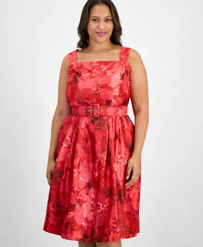 Tahari Asl Plus Size Jacquard Belted Fit & Flare Dress In Red