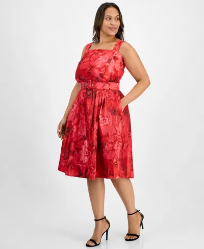 Tahari Asl Plus Size Jacquard Belted Fit & Flare Dress In Red