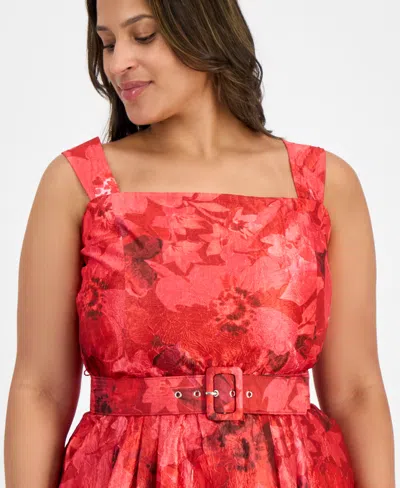 Tahari Asl Plus Size Jacquard Belted Fit & Flare Dress In Red
