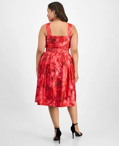 Tahari Asl Plus Size Jacquard Belted Fit & Flare Dress In Red