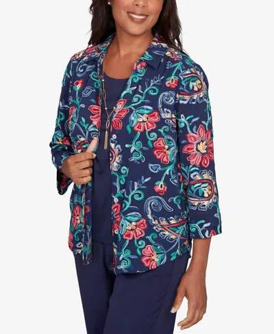 Alfred Dunner Petite Saratoga Springs Paisley Floral Two In One Top With Necklace In Blue