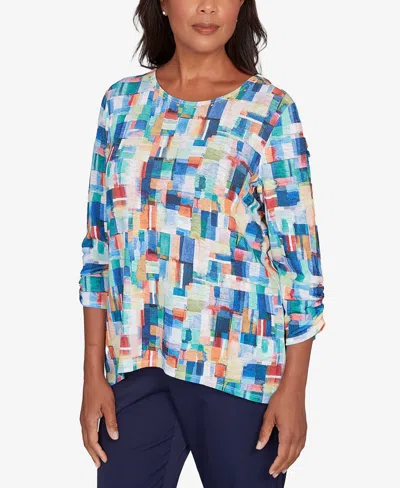 Alfred Dunner Petite Saratoga Springs Tile Print Colorblock Textured Top In Blue