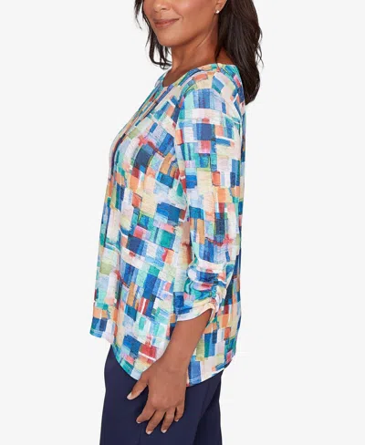 Alfred Dunner Petite Saratoga Springs Tile Print Colorblock Textured Top In Blue