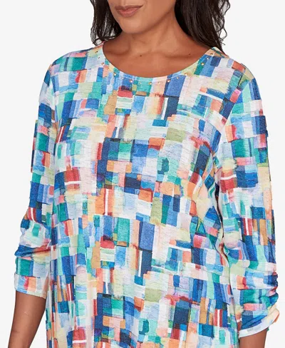 Alfred Dunner Petite Saratoga Springs Tile Print Colorblock Textured Top In Blue