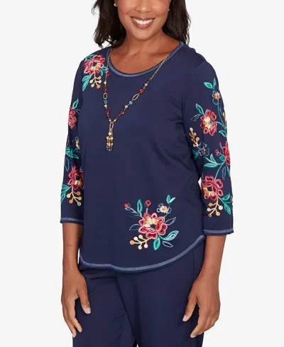 Alfred Dunner Petite Saratoga Springs Embroidered Sleeve Knit Top With Necklace In Blue