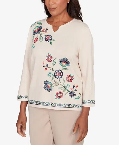 Alfred Dunner Petite Saratoga Springs Embroidered Floral Three-quarter Sleeve Sweater In Metallic