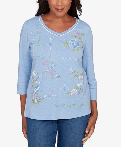 Alfred Dunner Petite Hilton Head Cross Stitched Floral Top In Blue