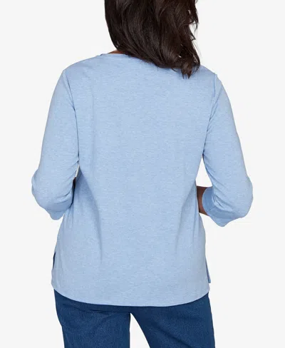 Alfred Dunner Petite Hilton Head Cross Stitched Floral Top In Blue