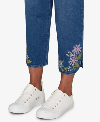 Alfred Dunner Petite Hilton Head Cross Stitch Flower Embroidery Ankle Pants In Blue