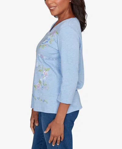 Alfred Dunner Petite Hilton Head Cross Stitched Floral Top In Blue