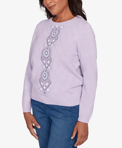 Alfred Dunner Petite Hilton Head Center Embroidery Accent Sweater In Purple