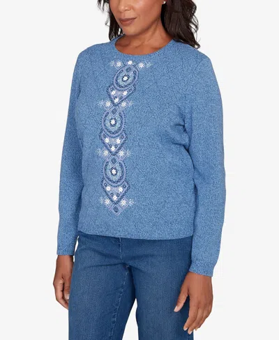 Alfred Dunner Petite Hilton Head Center Embroidery Accent Sweater In Blue