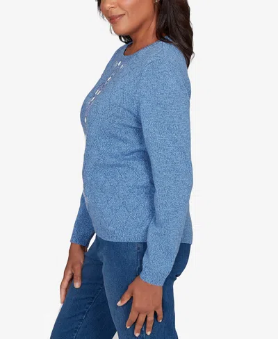 Alfred Dunner Petite Hilton Head Center Embroidery Accent Sweater In Blue