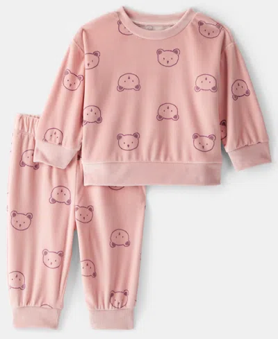 Carter's Baby Girls 2-piece Bear Print Velour Sweatshirt And Joggers Set In Pink