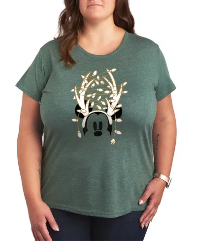 Hybrid Apparel Disney Mickey Mouse Antlers Ans Christmas Lights Women's Short Sleeve Graphic T-shirts In Green