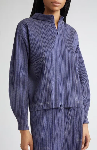 Issey Miyake Pleats Please  Trompe L'oeil Pleated Full Zip Jacket In Blue