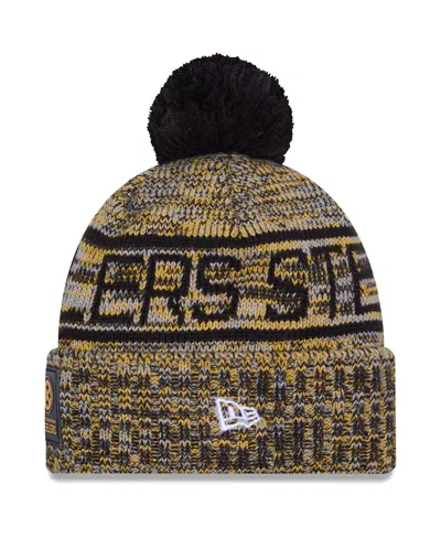 New Era Men's Gold Pittsburgh Steelers 2025 Sideline Cold Weather Cuffed Pom With Knit Hat In Black