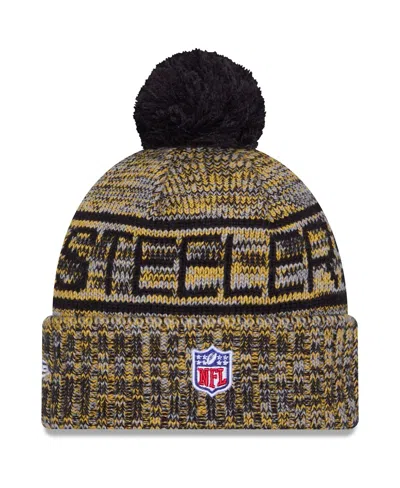 New Era Men's Gold Pittsburgh Steelers 2025 Sideline Cold Weather Cuffed Pom With Knit Hat In Black