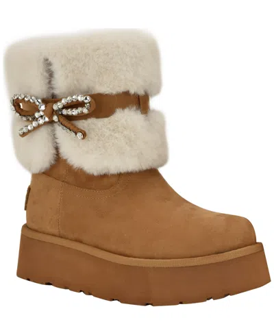 Guess Women's Dowry Rhinestone Bow Winter Boot In Brown