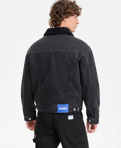 Hugo Boss Dex Stone Wash Denim Trucker Jacket With Fleece Collar In Gray