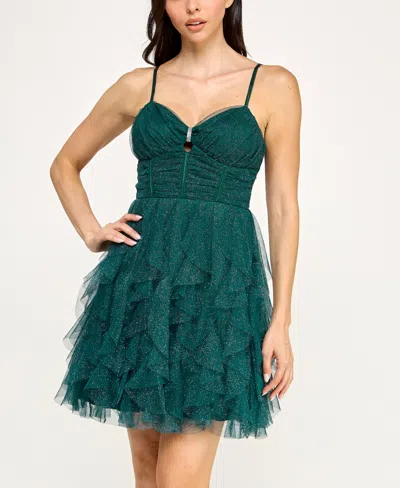 Pear Culture Junior's Strappy Keyhole Petal Sleeveless Dress In Green