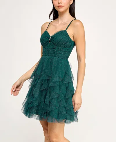 Pear Culture Junior's Strappy Keyhole Petal Sleeveless Dress In Green